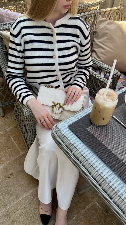 White and Black Striped Cardigan Sweater