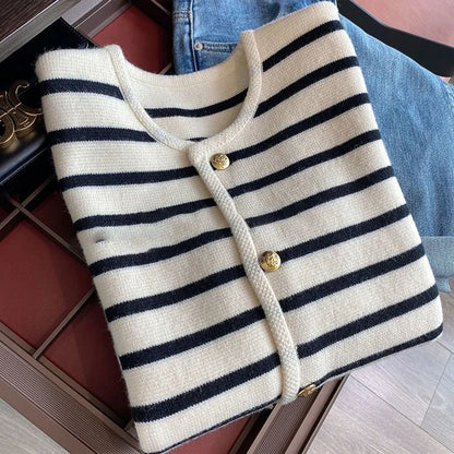 White and Black Striped Cardigan Sweater