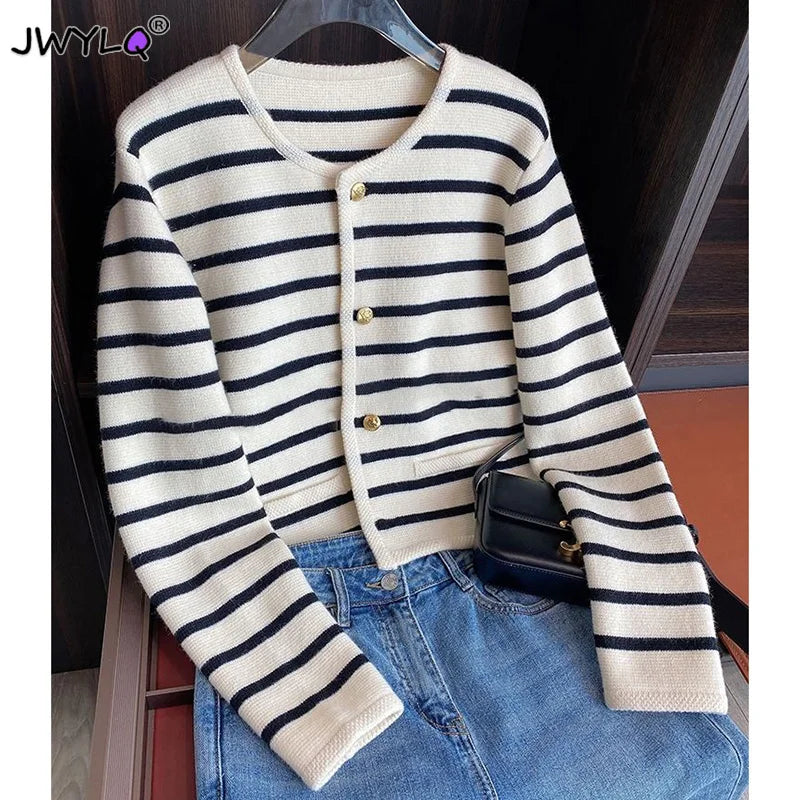 White and Black Striped Cardigan Sweater