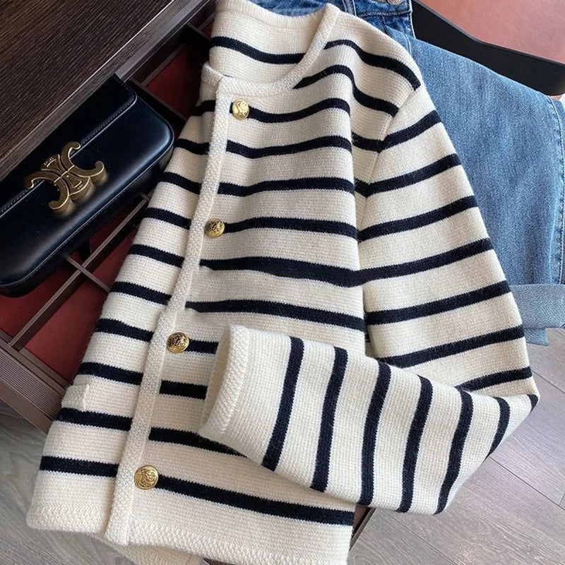 White and Black Striped Cardigan Sweater