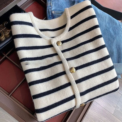 White and Black Striped Cardigan Sweater