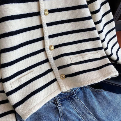 White and Black Striped Cardigan Sweater